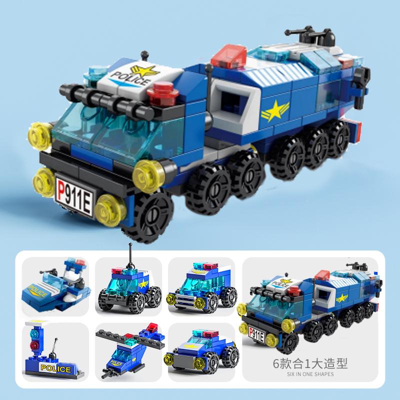 6IN1 Polizei Lkw Engineering Kran Stadt Feuer Auto Tank Hubschrauber Ziegel Set Spielzeug für Kinder Kinder Bausteine
