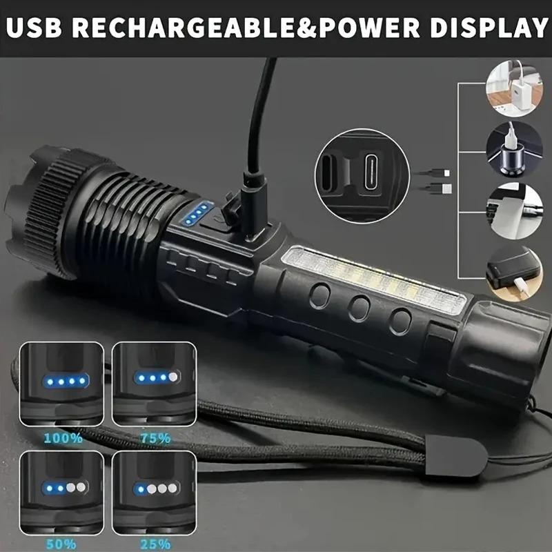 Powerful LED Flashlights Type-c Rechargeable Telescopic Zoom Tactical Torch Built-in Battery for Camping Emergency Lamp