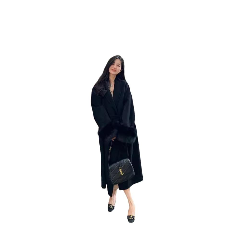 2024 Women's High-End Double-Faced Cashmere and Wool Coat with Fox Fur Sleeves