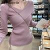 La Chapelle Women's Irregular V-Neck Long Sleeve Knit Sweater