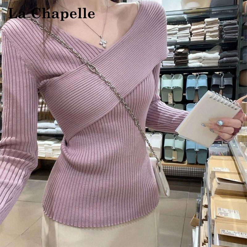 La Chapelle Women's Irregular V-Neck Long Sleeve Knit Sweater