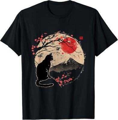 Schwarze Katze Kirschblüte Grafik T-Shirt Herren Lässig Baumwolle T-Shirt