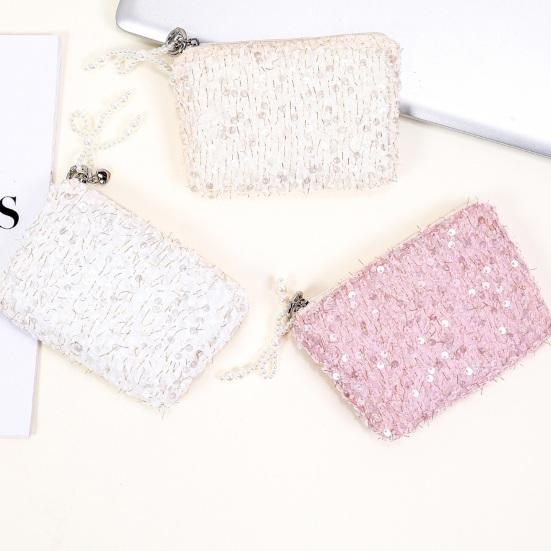 Sequined Cosmetic Bag Girls Stylish Glittery Clutch Makeup Bag with Faux Pearl Bow Zipper Puller Portable Travel Toiletry Organizer for
