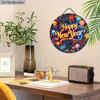 Happy New Year Festival Wooden Sign - Colorful Hot Air Balloon Round Sign for Front Door, Wall Hanging Decor - Ideal Festival Decoration