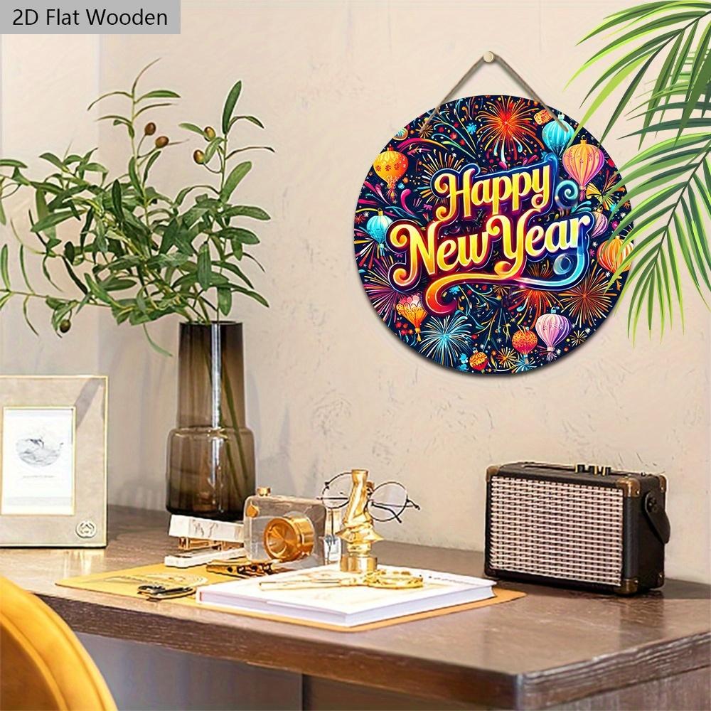Happy New Year Festival Wooden Sign - Colorful Hot Air Balloon Round Sign for Front Door, Wall Hanging Decor - Ideal Festival Decoration