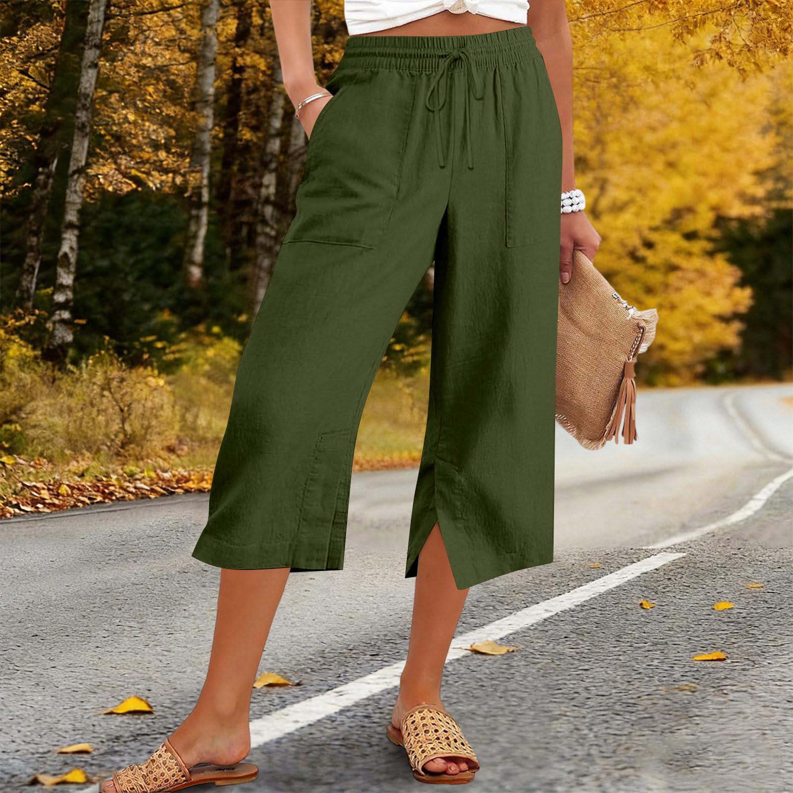 

Women’s Wide Leg Cropped Pants with Drawstring Waist Relaxed Fit Lightweight Casual Loose Trousers with Pockets L армия зеленый