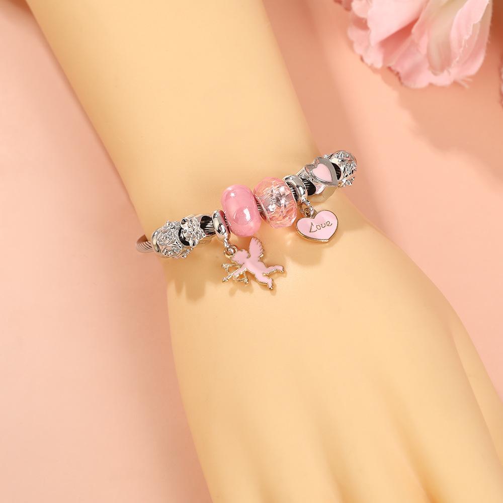 Cute Cartoon Bear Angel Heart Beaded Bracelet Stainless Steel Valentine Gift for Her Girlfriend Women