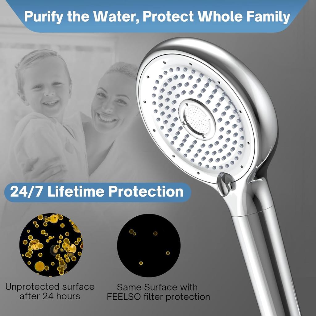 FEELSO Filtered Shower Head with Handheld, High Pressure 6 Spray Mode Showerhead with Filter, 15 Stages Water Softener Filters Beads for Hard