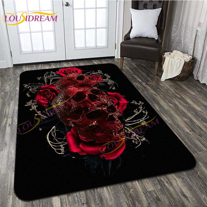 Koberec Lebka a růže Květinový koberec Lebka do obývacího pokoje Ložnice Herna Červená růže Koberec na podlaze Koberec Wicca Area Home Dekor