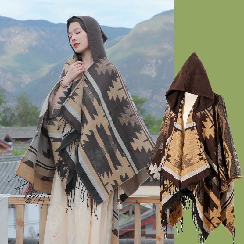 Autumn Winter Elegant Retro Print Scarf Women Layers Poncho Warm Tassels Scarve Capa Para Mujer Pashmina Cloak Wrap Shawl