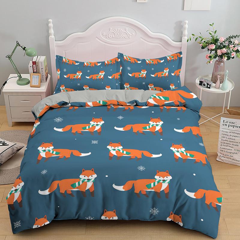 Comforter Cartoon Fox King Queen Lovely Orange Animal Floral Bedding Set Kids Girls Flowers Plant 2/3Pcs