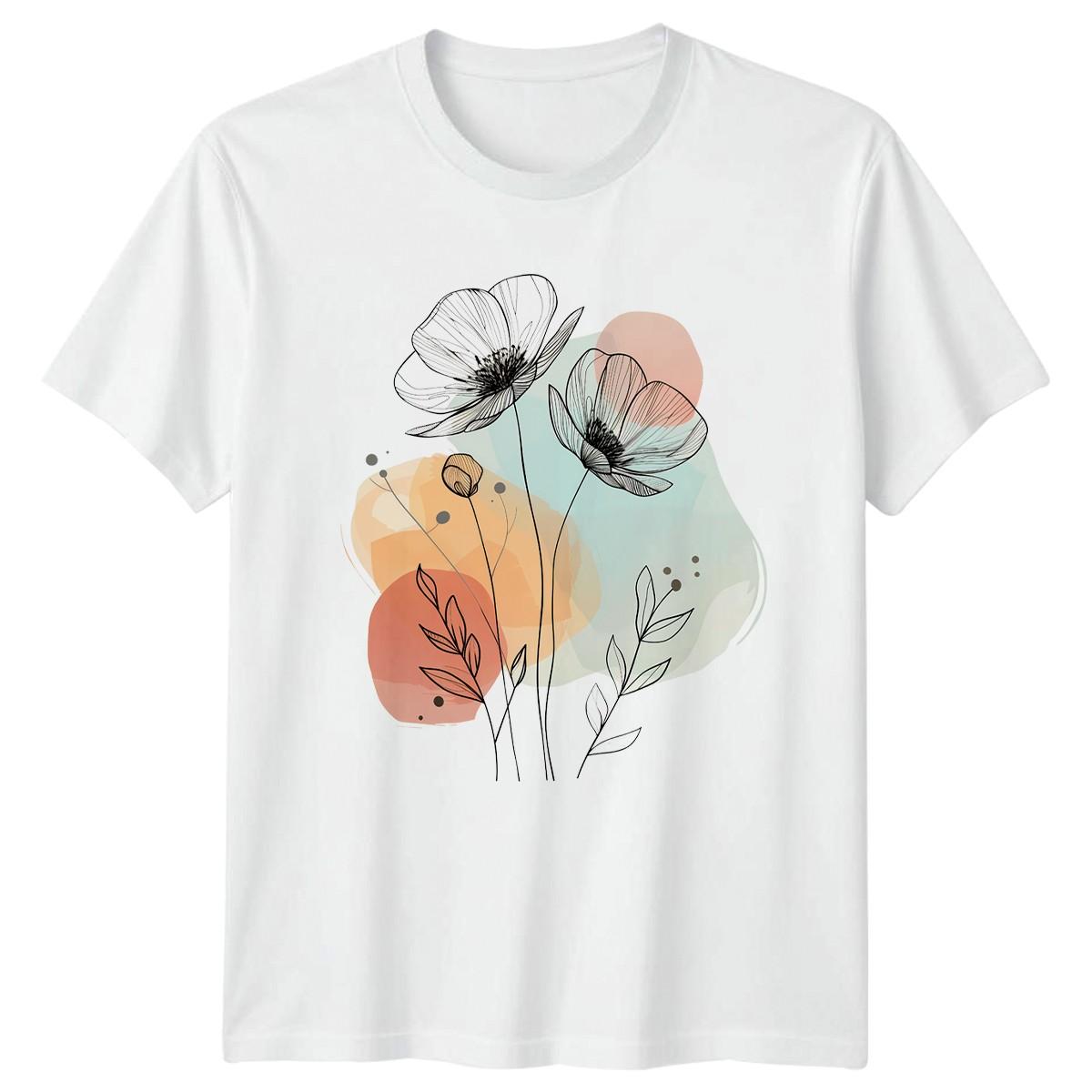 Minimalist Watercolor Floral Line Art T-Shirt Flowers Botanical Nature S