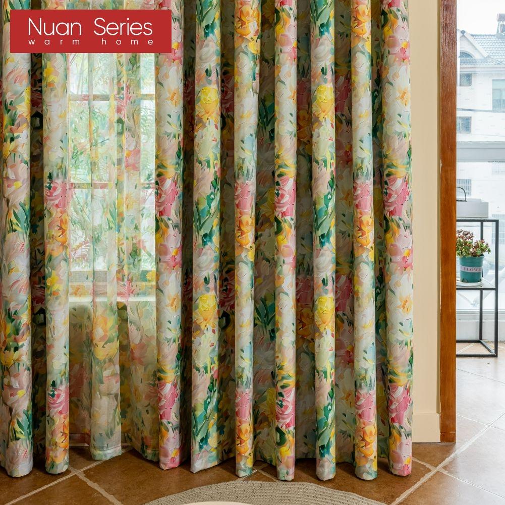 1 Stück Nuan Serie Europäischer Pastoralstil Bedruckte Bunte Vorhänge Vollverdunklungsvorhänge für Schlafzimmer Wohnzimmer Balkonfenster zur Heimdekoration