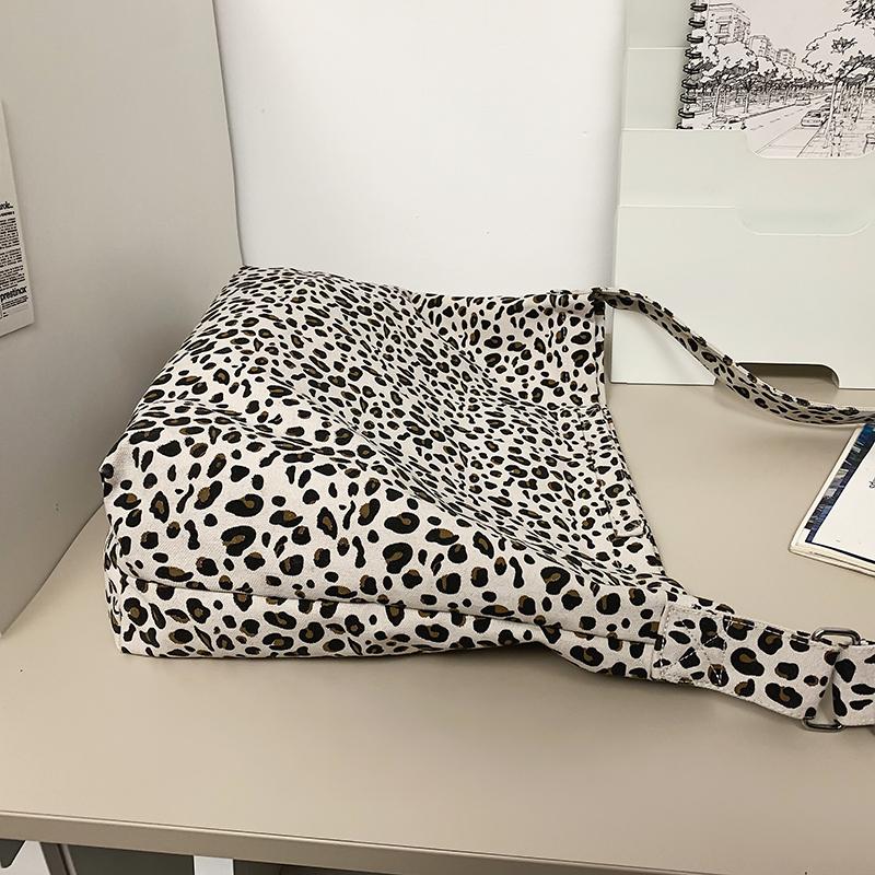 Leopard Print Canvas Shoulder Bag Women Crossbody Bag Large Capacity Tote Bag
