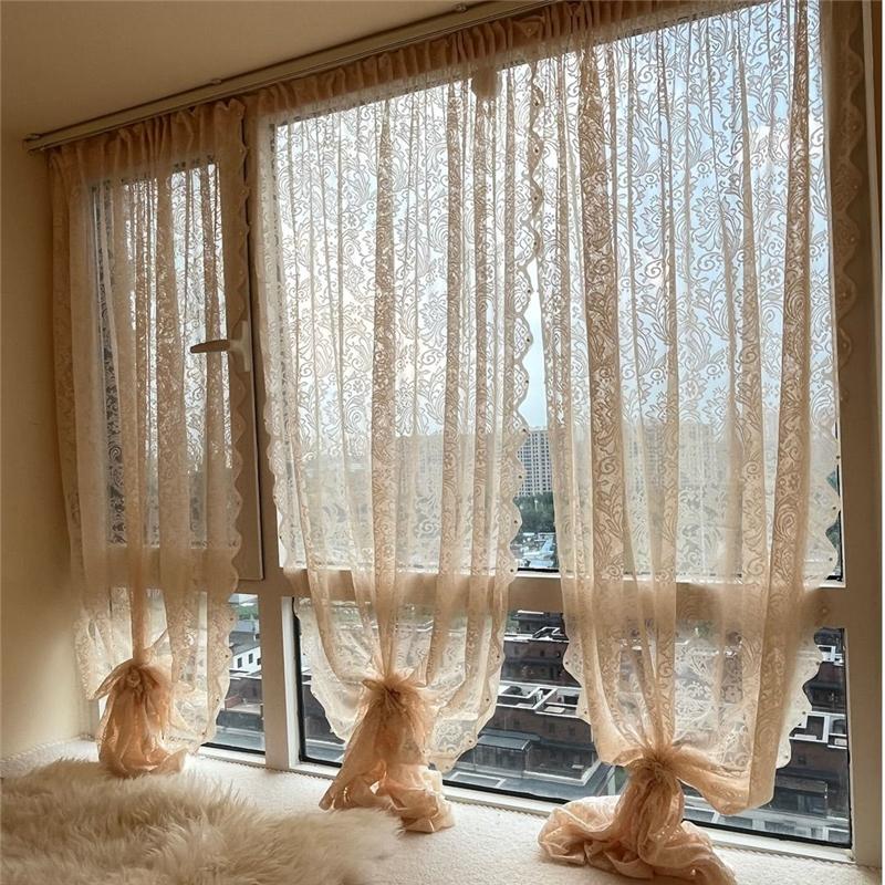 Vintage Lace Curtains  Romantic Semi Sheer Floral Lacy Curtain for Living Room, Elegant Window Drapes for Bedroom with Pearls
