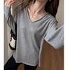 Oversized V-Neck Long Sleeve T-Shirt Women Soft Cotton Blend Loose Fit Casual Top Korean Style Layering Base