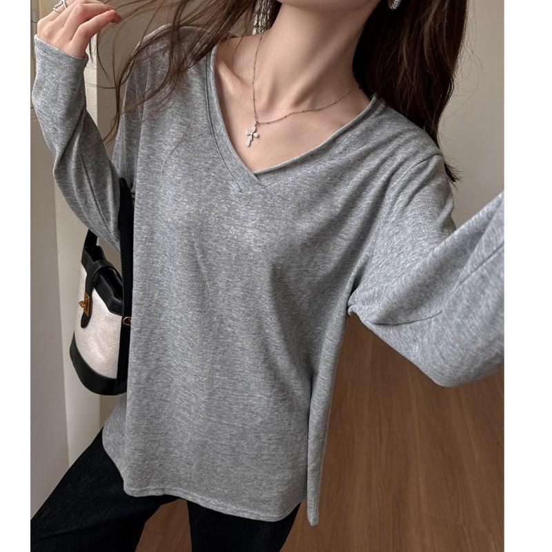 Oversized V-Neck Long Sleeve T-Shirt Women Soft Cotton Blend Loose Fit Casual Top Korean Style Layering Base