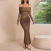 Sexy Off Shoulder Mesh See Through Long Sleeve Solid Bodycon Long Dress For Women