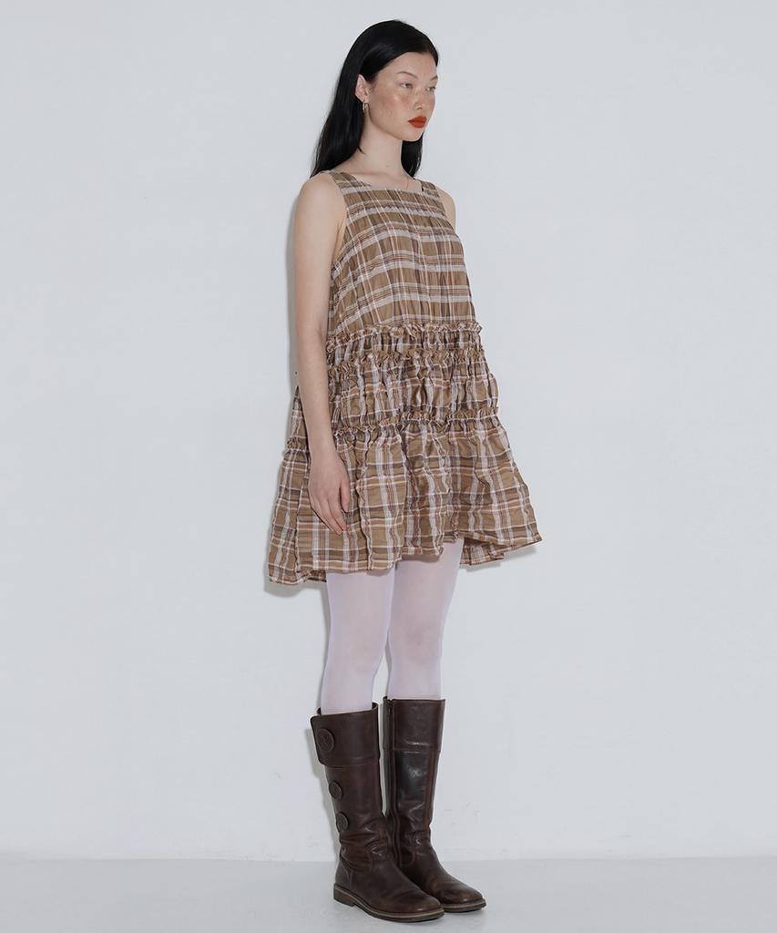 Cecese Tiered Ruffle Check Dress Beige
