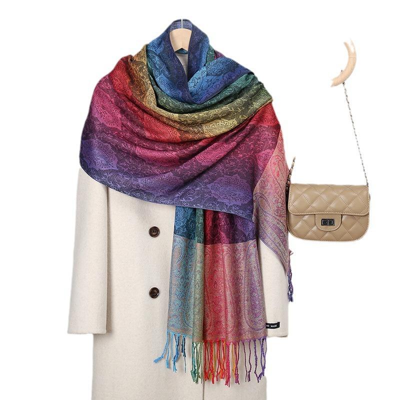 Ethnic Style Colorful Cashew Embroidered Long Scarf Rainbow Gradient Tassel Scarf Shawl Women's Headscarf