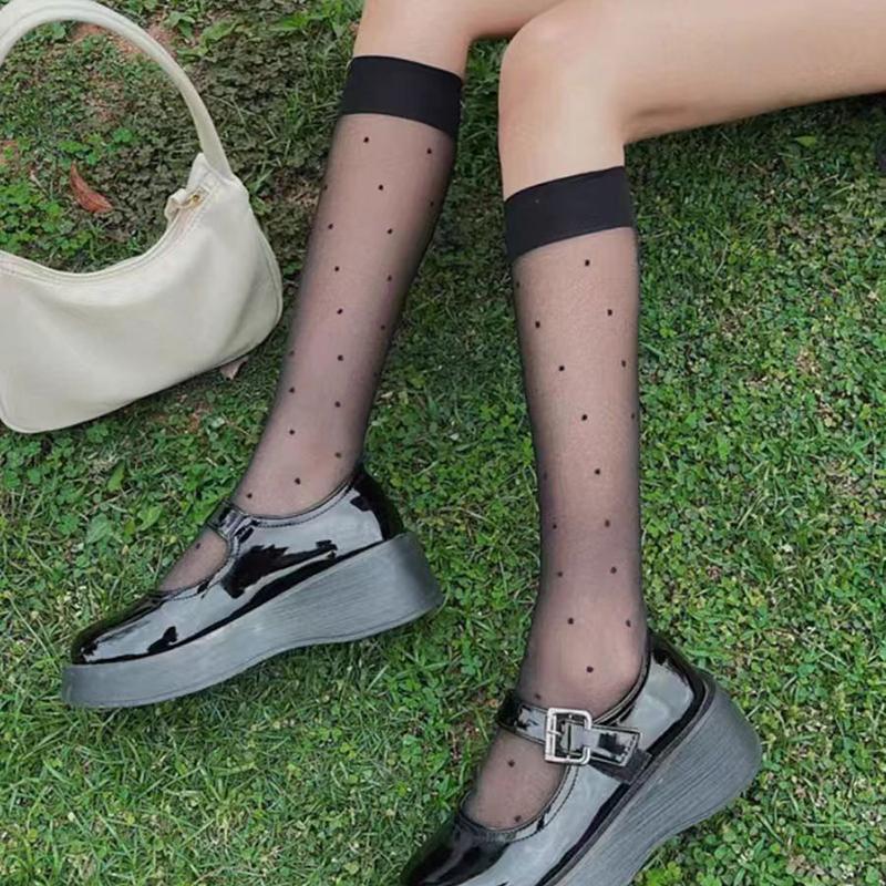 1Pair/2Pairs/3Pairs,Black Polka Dot Mesh Calf Socks, All-match Thin Breathable Knee High Socks, Women's Stockings & Hosiery