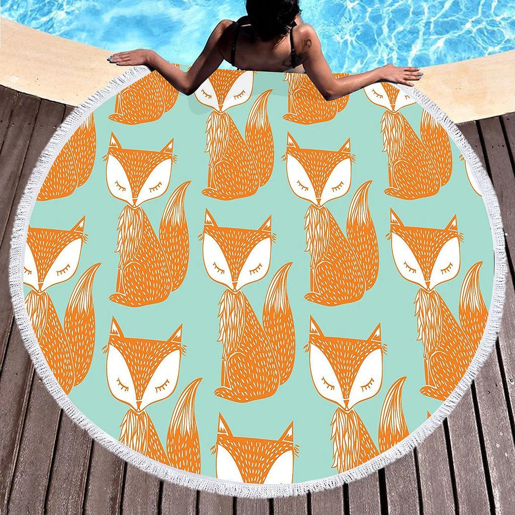 Kawaii Fox Round Beach Towel,Wild Animal Print Beach Blanket,Soft Woodland Animal Themed Rustic Fox Print Pool Towel Picnic Mat