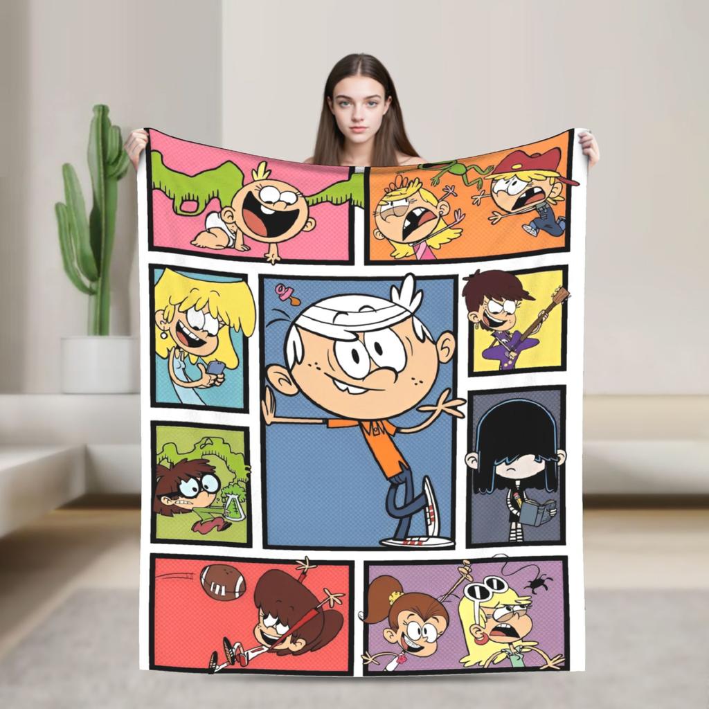 L-Loud Houses Familie Cartoon Plüsch Überwurf für Couch Sessel Sofa Bett Flugzeug Reise Flanell Tagesdecke Bettbezug
