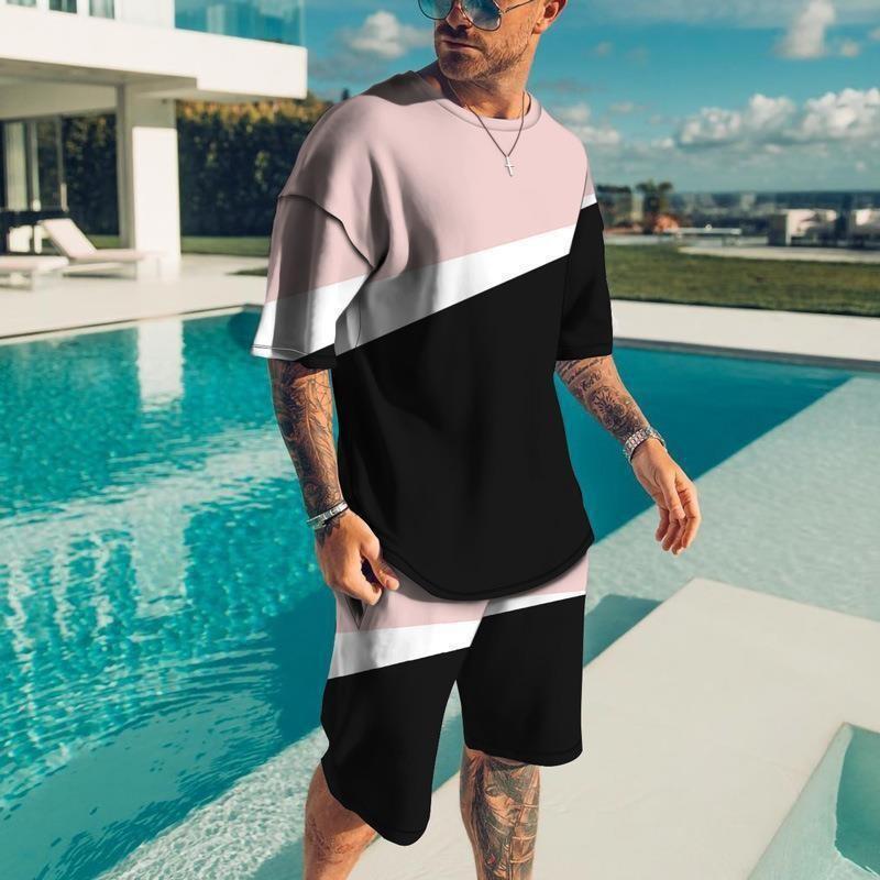 Men's 3D Printed Sports Two-Piece Set O-Neck T-Shirt Stripe Color Printing Casual Fitness Short Sleeve Tops Shorts