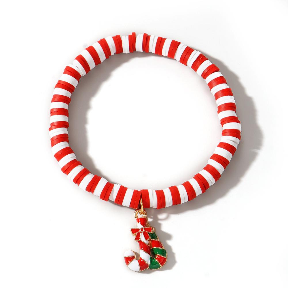 Christmas Clay Beaded Bracelet with Tree, Snowman, Bell & Reindeer Pendants In Red, White & Green - Festive Hand Jewelry