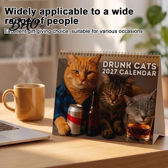 Gift for Cat Owners Fans 2027 Drunk Cats Calendar, Funny Wall Calendar with 12 Hilarious Drinking Illustration, Monthly Planner Home Office
