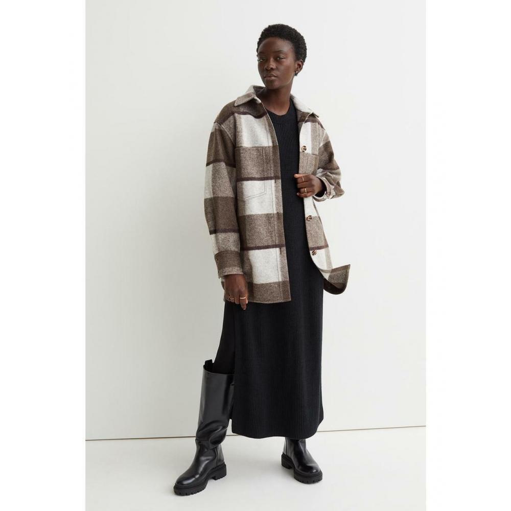 

H M felted shirt jacket brown gray check 0986069009