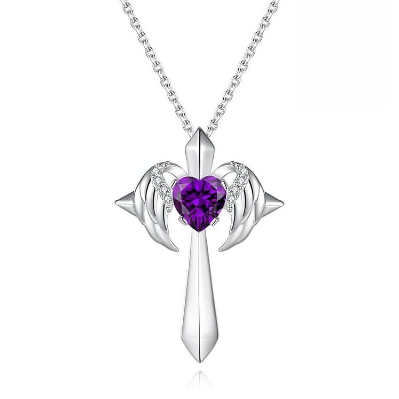Colier Nou cu Pandantiv Cruce Aripă de Înger, Modă Femei, Colier cu Piatră Natală în Formă de Inimă, Cadou