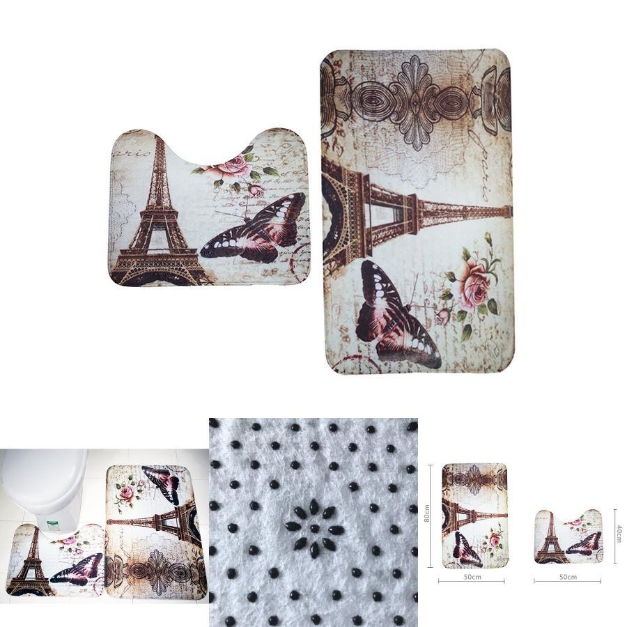 Butterfly Tower Bath Mat Set Polyester Non Slip Absorbent Rug For Bathroom Decor