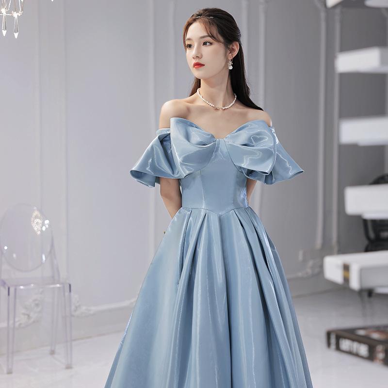 Evening dress women's 1011 new summer banquet temperament blue one-word shoulder long dress host annual meeting dress