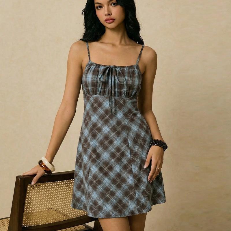 European American Checked Dress Sexy Suspender Skirt Slim Women S