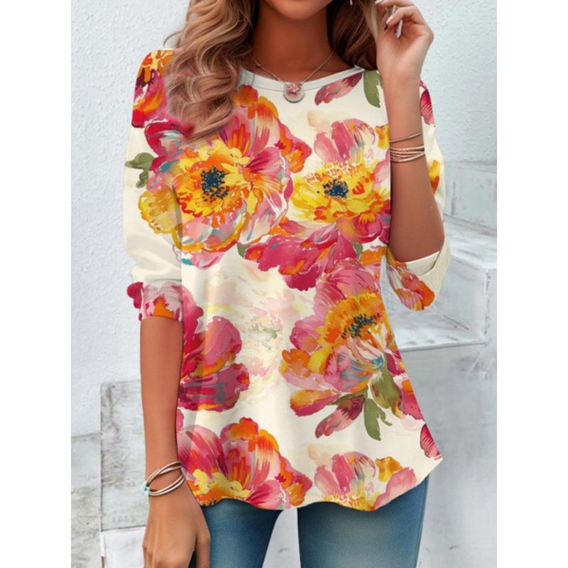Round Neck 3D Flower Geometry Pattern Printed Top Fashionable Casual Long Sleeved Women's T-shirts