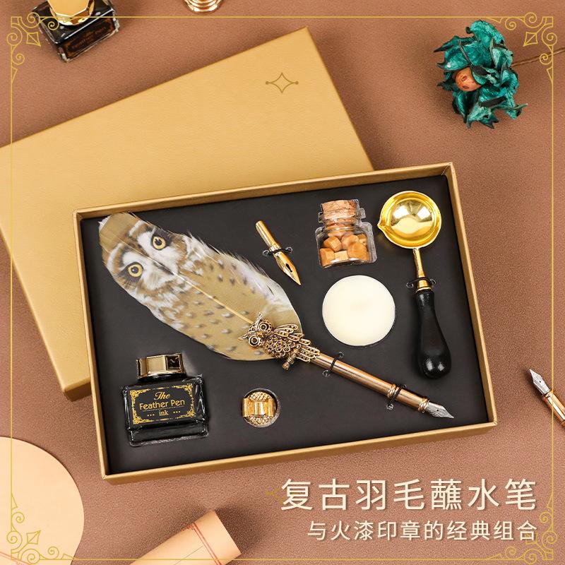 Magische Akademie Federkiel-Tauchstift-Set mit Wachssiegel-Kit, Eulenfeder-Stift Kreatives Geschenk, Schreibwaren Geschenkbox