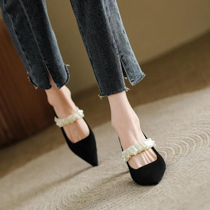 

Fashion 2024 New Fashionable Spring/Summer Women s High Heel Shoes Pointed, Sexy Folded, Pearl Needle Buckle, Thick Heel, Baotou Sandals 34 чёрный