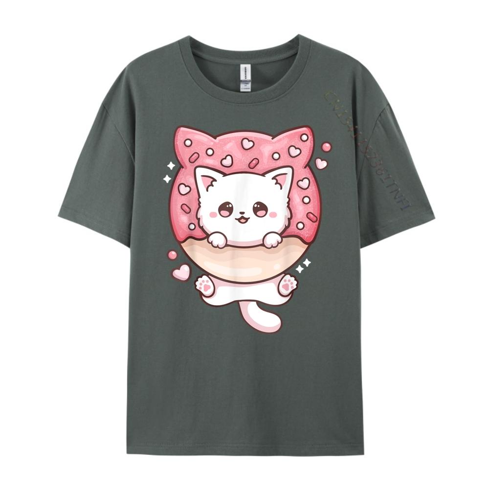 Kawaii Cat Donut Anime Lover Otaku Black Graphic T Shirts Oversized T Shirt Mens Tshirts Large Size Loose