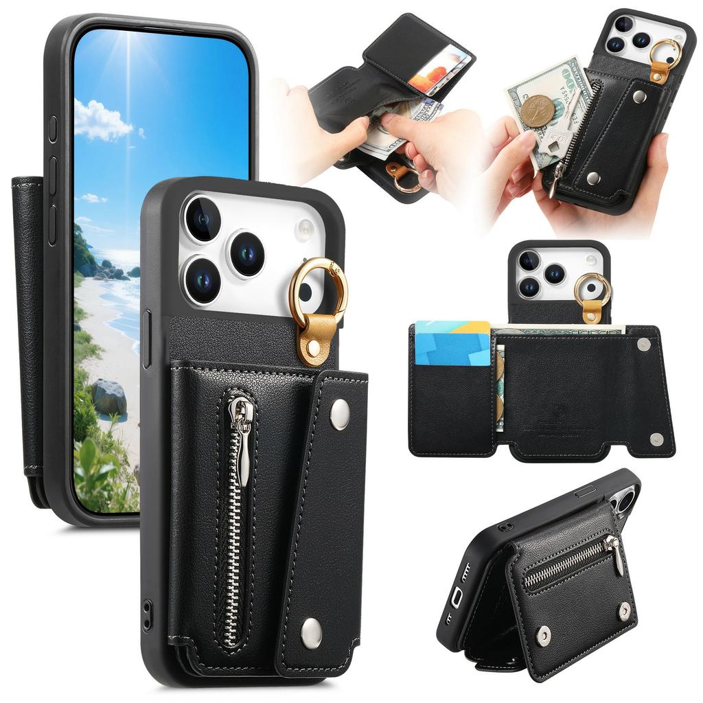 For iPhone 17 Pro Max Case D-Ring Holder Leather + PC + TPU Phone Cover with Wallet Kickstand