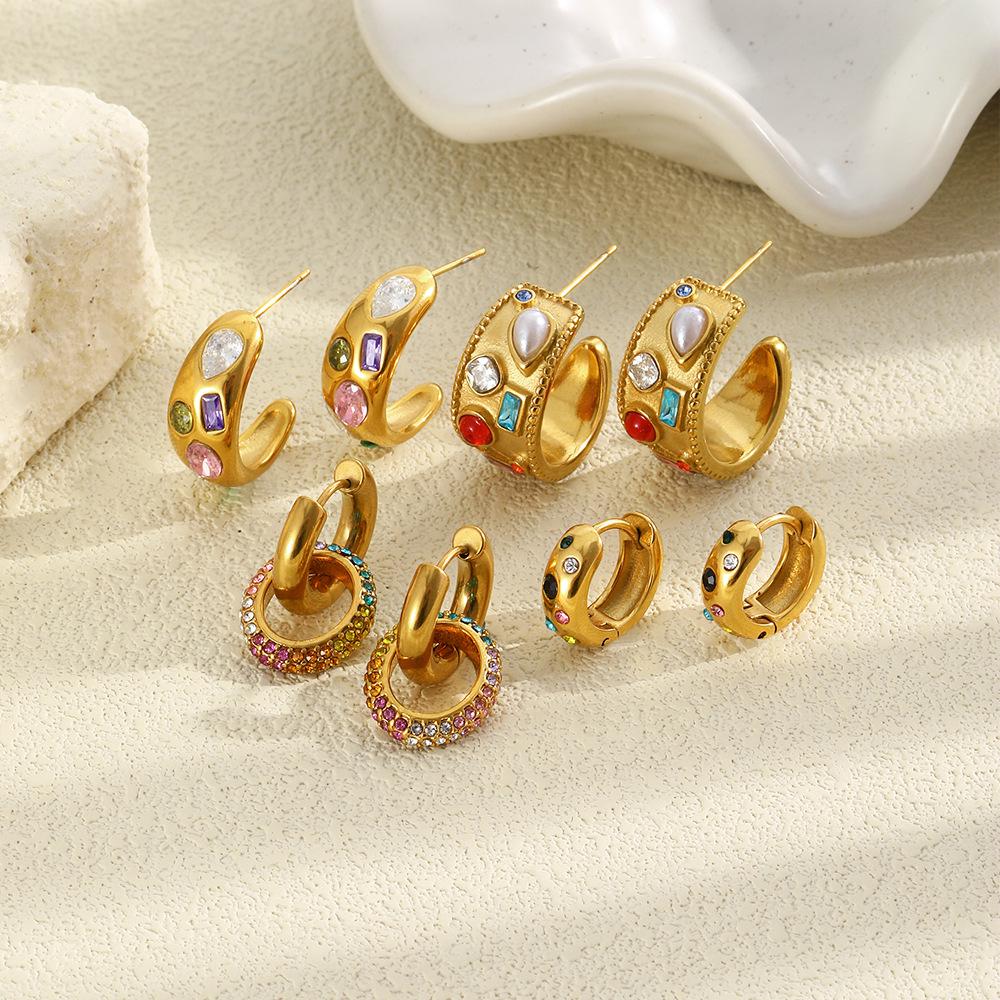 18K Gold Plated Geometric Light Luxury Earrings with Titanium Steel, Colored Diamond, and Pearl Moon Design for Women