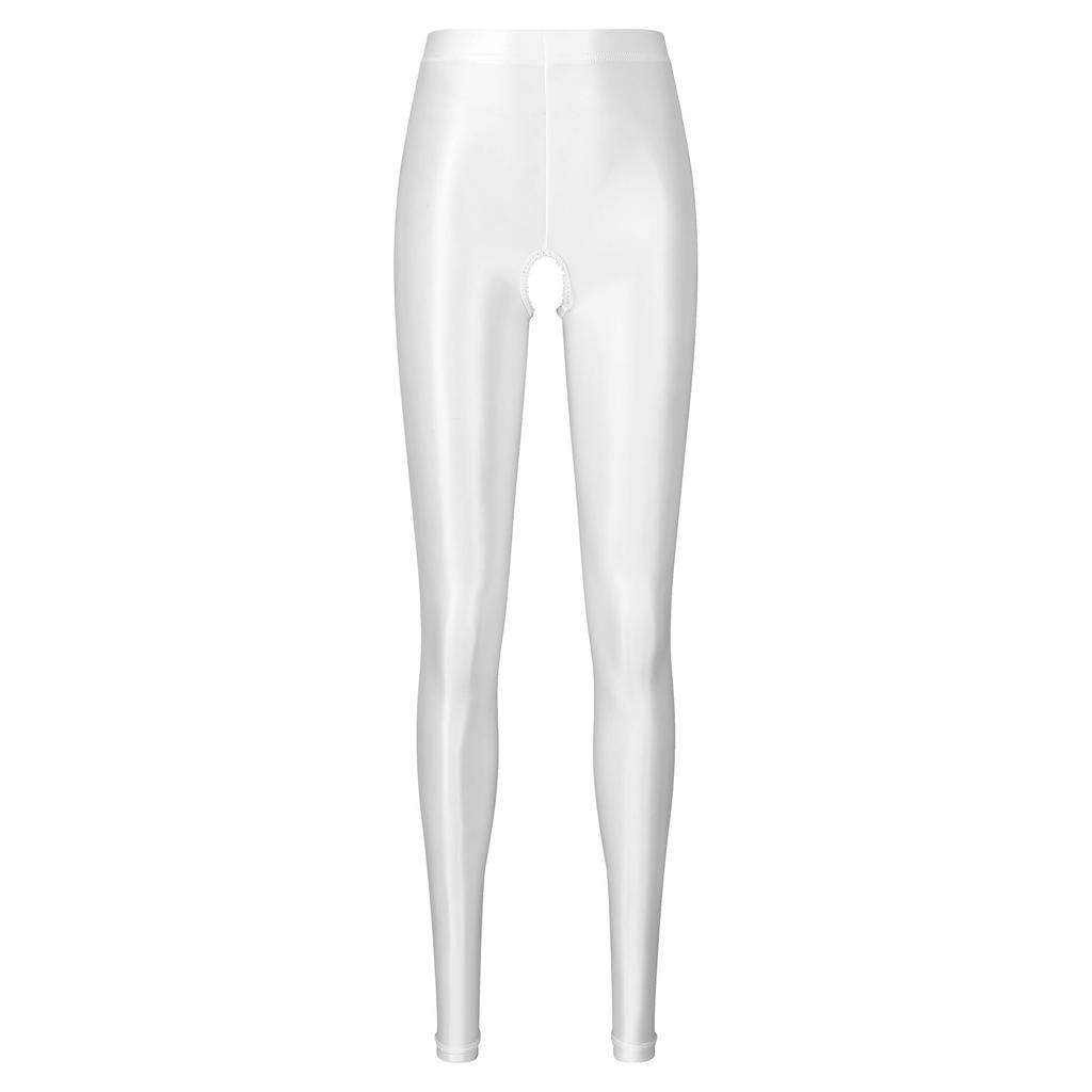 Womens Glossy Stretchy Open Crotch Leggings Solid Color Elastic Waistband Skinny Pants