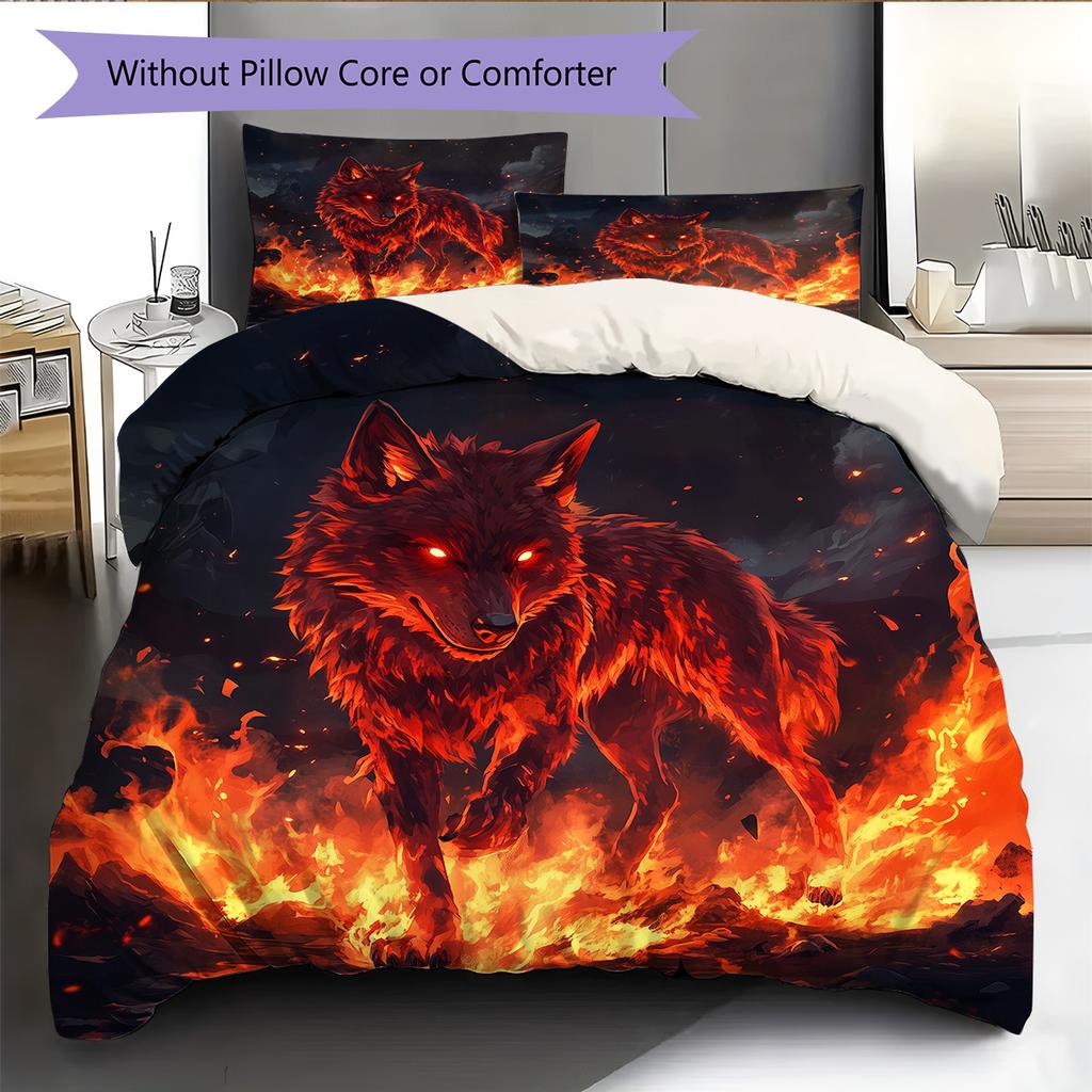 Flame Wolf Pattern Bedding Quilt Set Quilt Cover Pillowcase Home Decoration Gift (1 * duvet cover + 2 * pillowcase, without core)