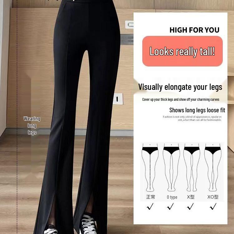 Pantalones de campana negros de cintura alta adelgazantes - Pantalones casuales elásticos para mujer petite con puños para primavera y otoño