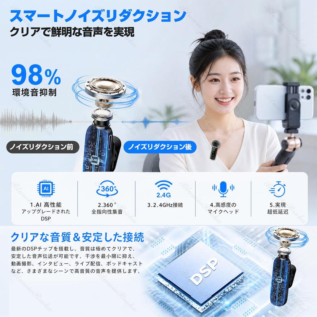 Wireless Lavalier Microphone for Sound Compatible with Simultaneous Use by Two Instant LED Noise Automatic Reverb 7 Hours Continuous Mini Microphone