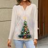 Women's Casual Christmas Print V-Neck Long Sleeve T-Shirt with Decorative Buttons