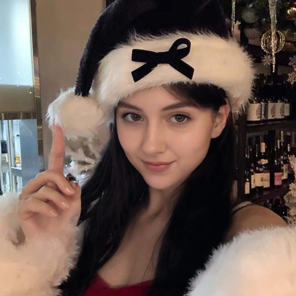 Women's Festive Plush Bow Hat - Black & Red Winter Headwear