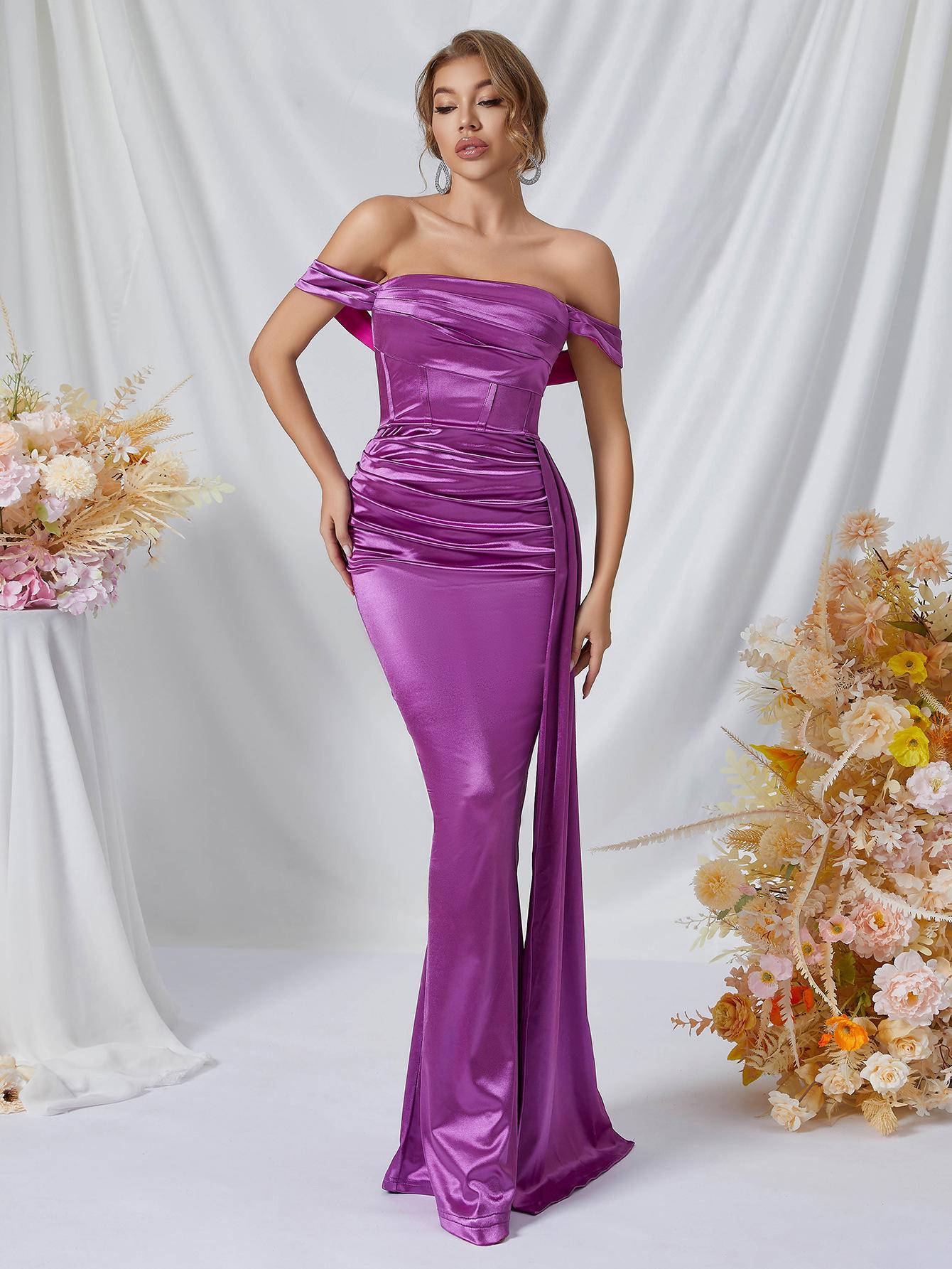 

European & American High-End Purple Satin One-Shoulder Fishtail Evening Dress S фиолетовый