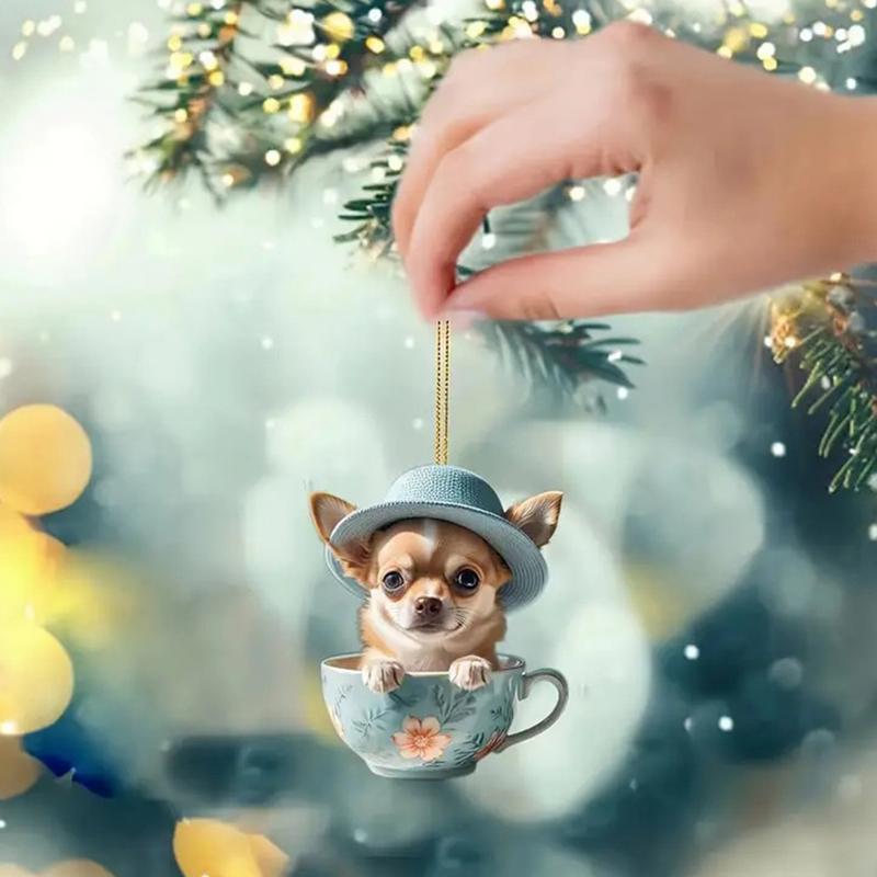 Car Dog Pendant For Rearview Mirror Car Decoration Dog Cup Design 2D Flat Acryli Car Rear View Mirror Decor Cute Car Ornament