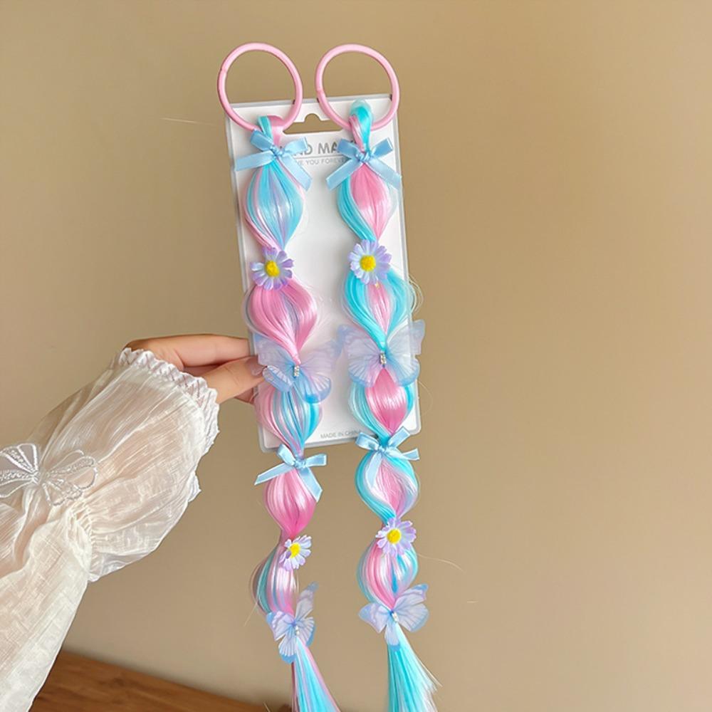 Hair Ties Dopamine Gradient Style Wig Braids Handmade Butterfly Flower Long Ponytail Children синий